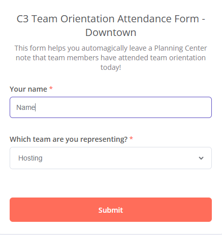 Attendance form asking for your name and which team you represent
