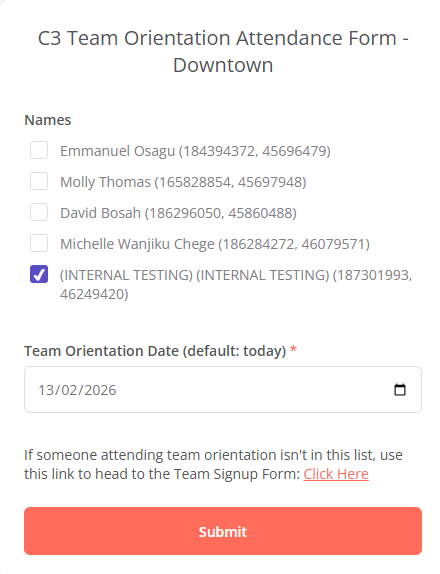 Attendance form with a checklist of names and a date field